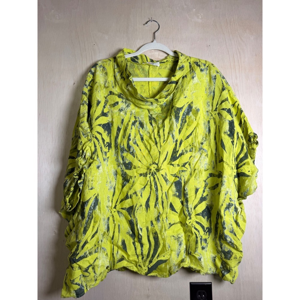 Made in Italy Linen Poncho Top Women OS Lime Green Excellent Abstract Floral DG